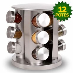 Porta Temperos Giratório Premium – Inox e Vidro (12 Potes)